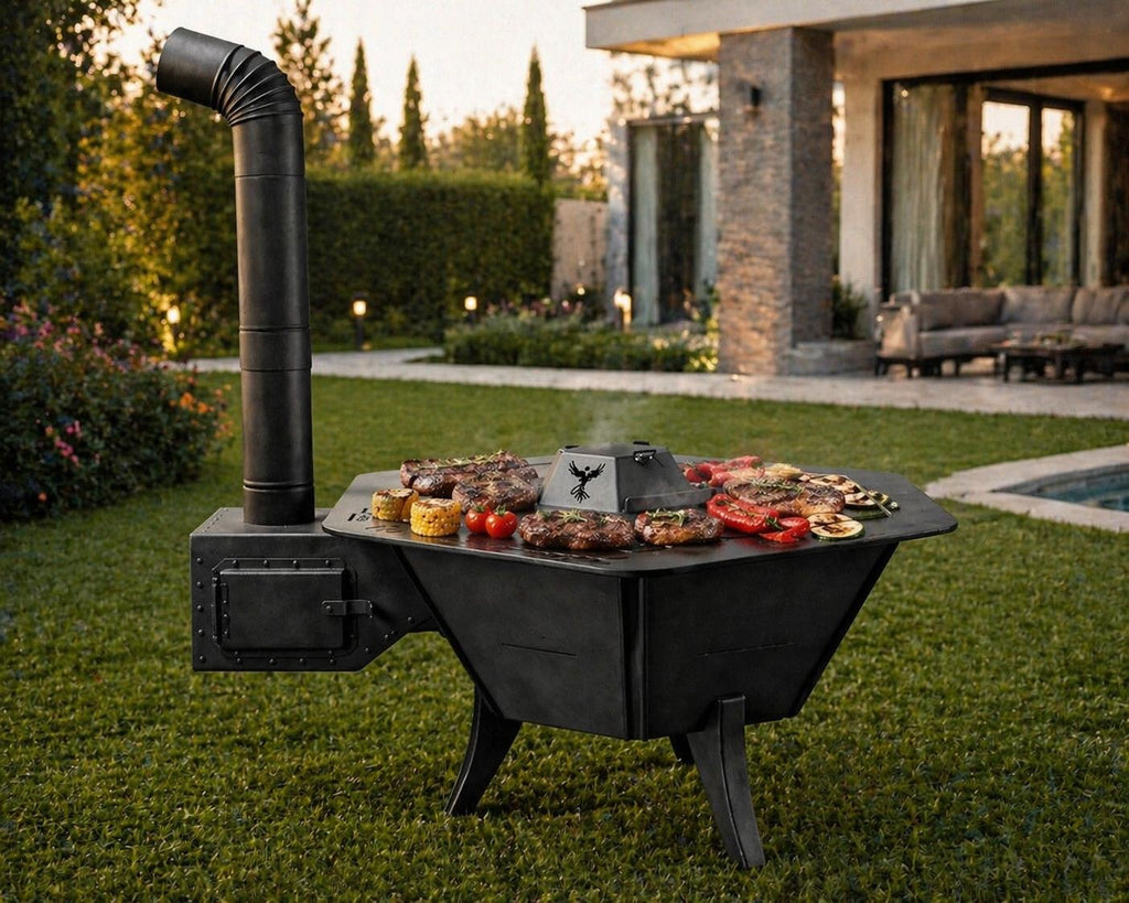 Wood Burning Outdoor Cooking Oven with Grill & Cooktop | Chimney Fire Pit Oven System | 6-Person BBQ Stove | AYME Outdoorium