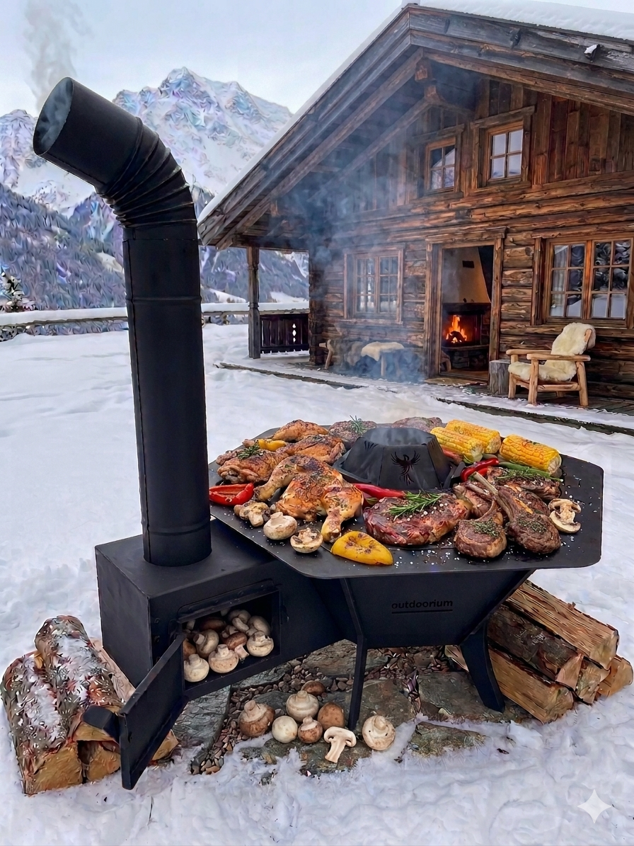 Wood Burning Outdoor Cooking Oven with Grill & Cooktop | Chimney Fire Pit Oven System | 6-Person BBQ Stove | AYME Outdoorium